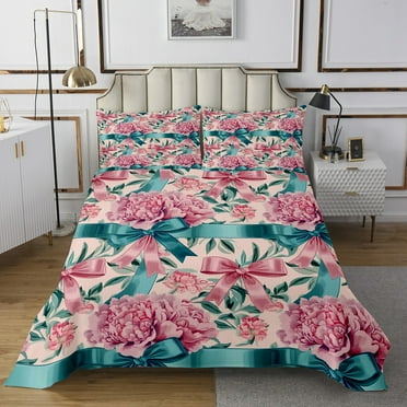 Girly Bowknot Bedspread Set Twin Size,Groovy Flower Floral Coverlet Set Women,Elegant Princess Style Bed Set,Vintage Victorian Dreamy Bedding Set with 1 Pillow Case