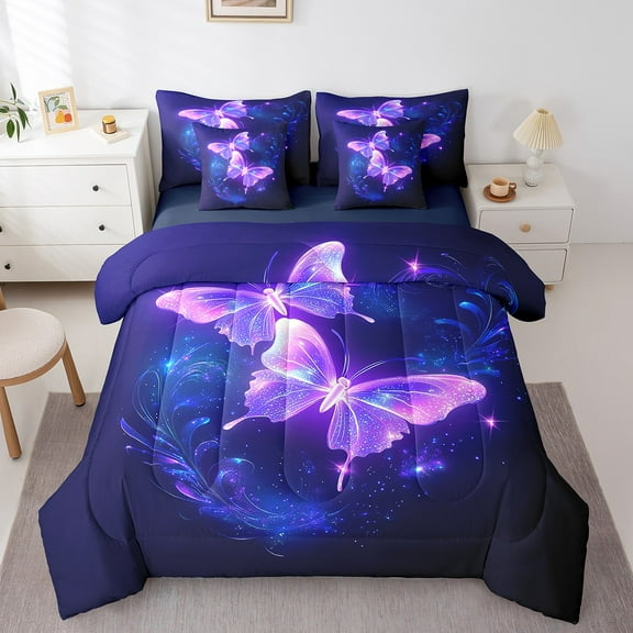 Girly Butterfly Comforter Set Twin,Blue Purple Moth Bedding Set Teens,Dreamy Wildlife (Comforter+Fitted+Flat Sheet+2 Pillowcases+2 Throw Pillow Covers) 7 Pieces Black Bed Set