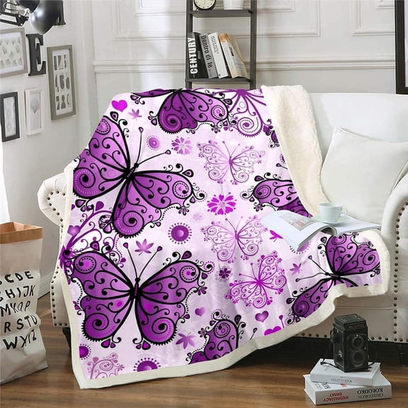 Girly Butterfly Plush Throw Blanket Kids Girls Purple Butterflies Print Fleece Blankets Luxury Woman Gifts Sherpa Blanket for Couch Bed Sofa 50" x 60"