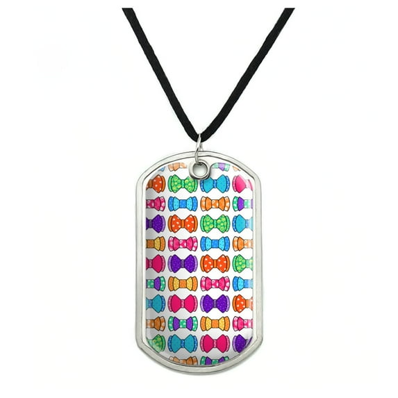 Girly Cute Colorful Bows Pattern Military Dog Tag Pendant Necklace with Cord