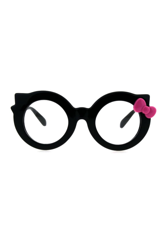 Girly Cute Round Circle Lens Kitty Thick Plastic Bow Trim Eyeglasses Black Pink