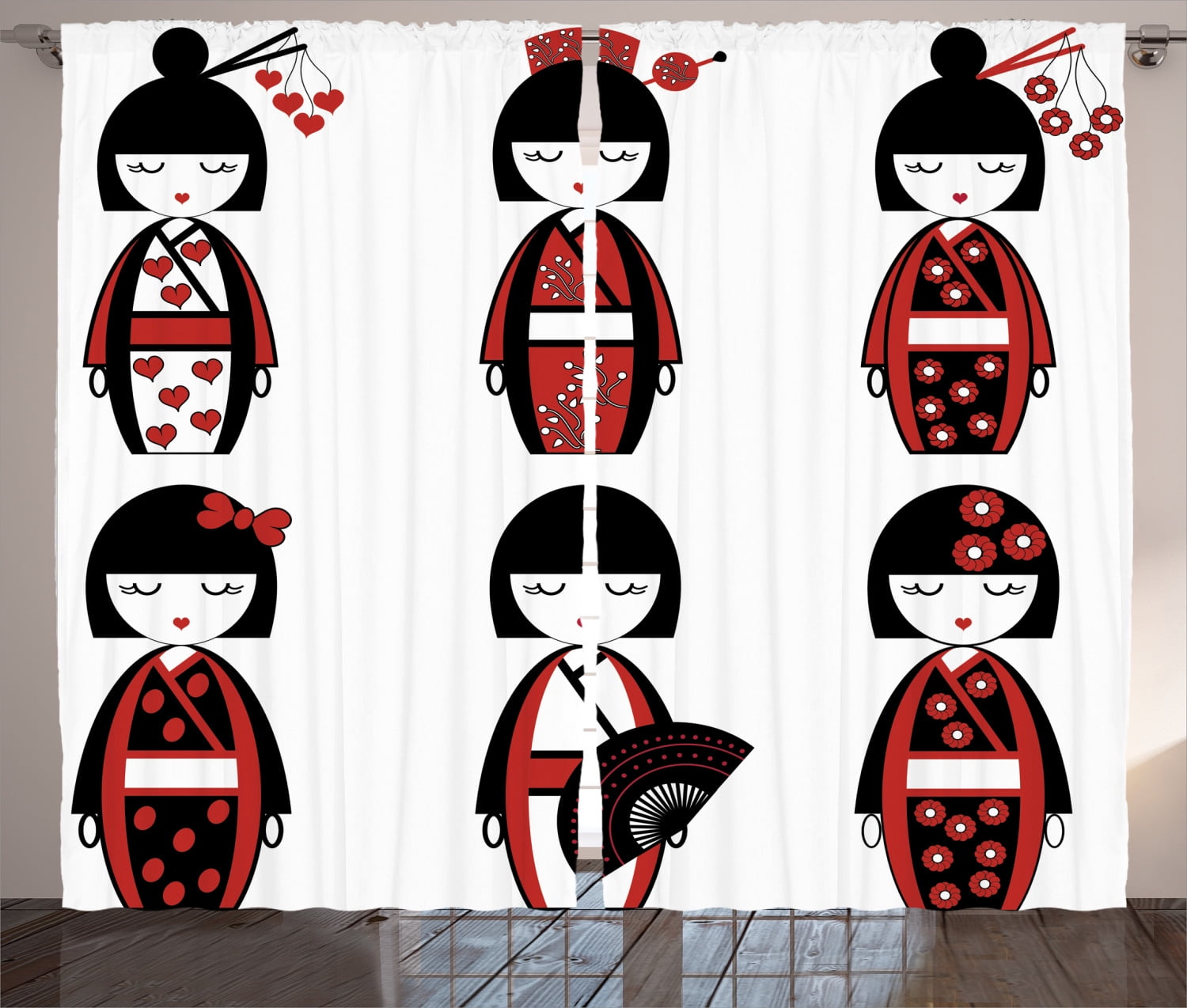 Geisha Dolls Red and Black Sheer Polyester Curtain Panels