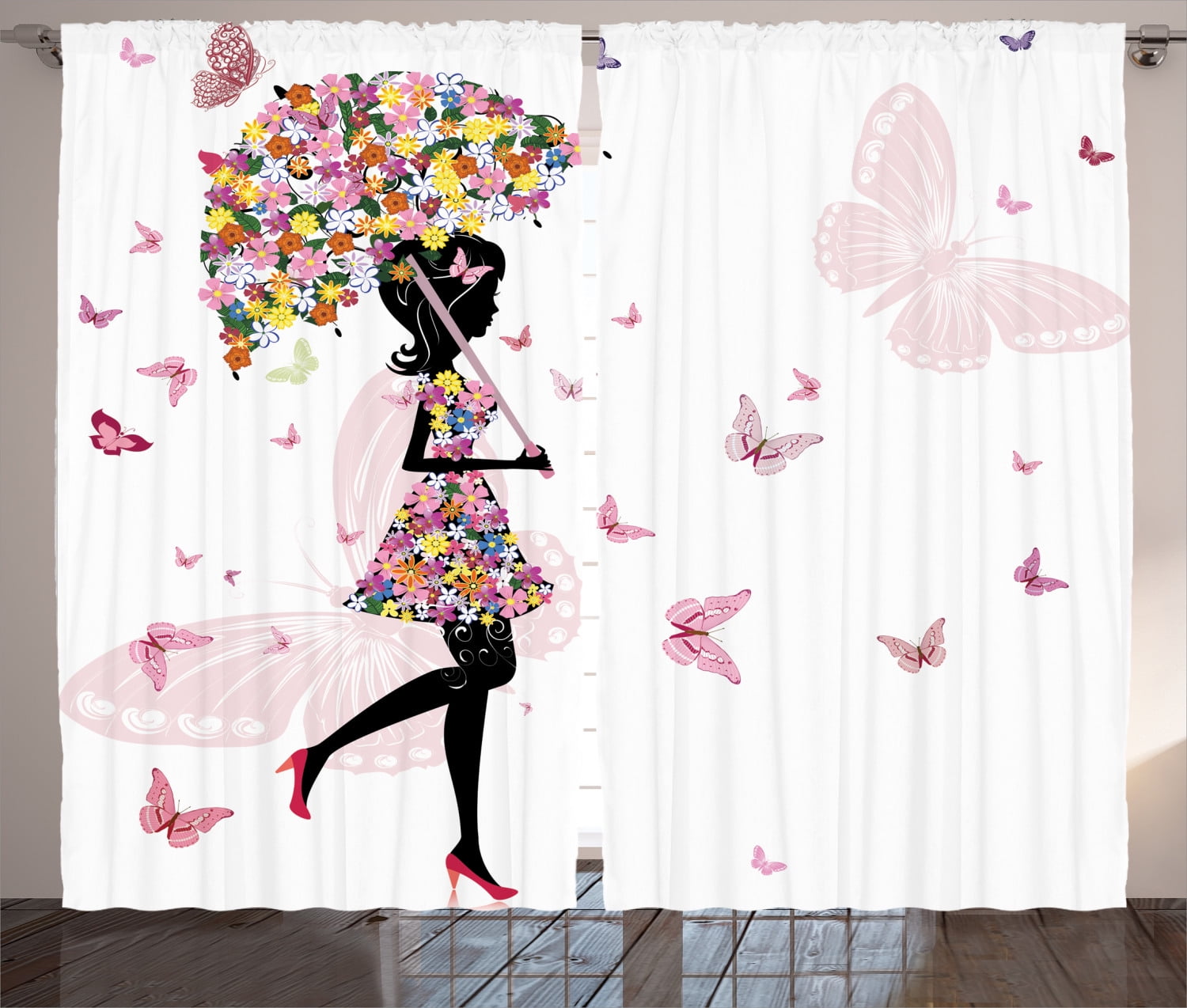 Floral Umbrella Dress Black and Pink Polyester Curtain Panel Pair