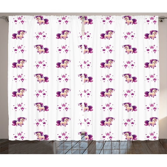 Ambesonne Unicorn Curtains 2 Panel Set, Horse Little Pony Unicorn, 108" x 84", Violet and White