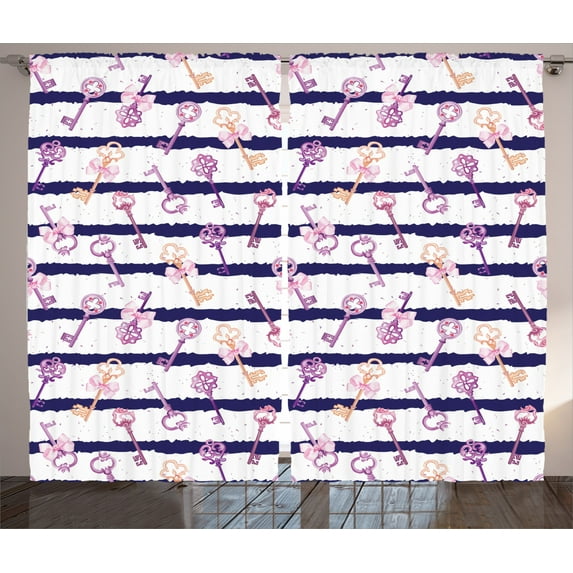 Ambesonne Retro Curtains 2 Panel Set, Vintage Keys and Ribbon, 108" x 84", Purple Blue