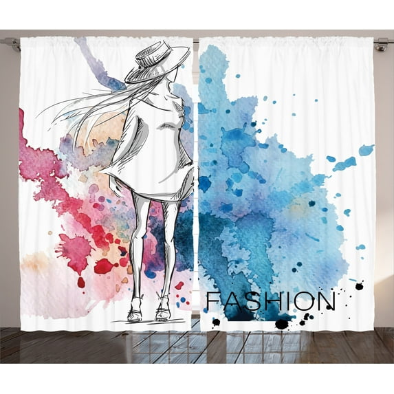 Ambesonne Fantasy Curtains 2 Panel Set, Fashion Lady with Hat, 108" x 90", Pink and Blue
