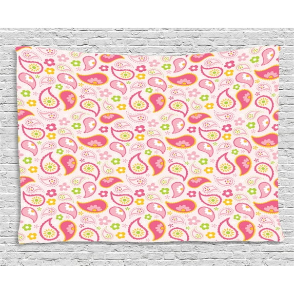 Girly Decor Tapestry, Paisley Leaf and Daisy Flower Floral Spring Theme Girls Kids Room Nursery Decor, Wall Hanging for Bedroom Living Room Dorm Decor, 80W X 60L Inches, Pink Green, by Ambesonne