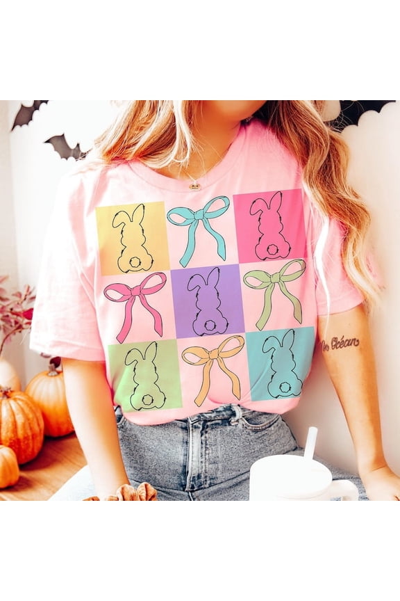 Girly Easter T-Shirt for Women, Retro Christian Easter Tee with Bible Verse, Coquette Jesus Shirt, Cute Easter Bunny Graphic Shirt