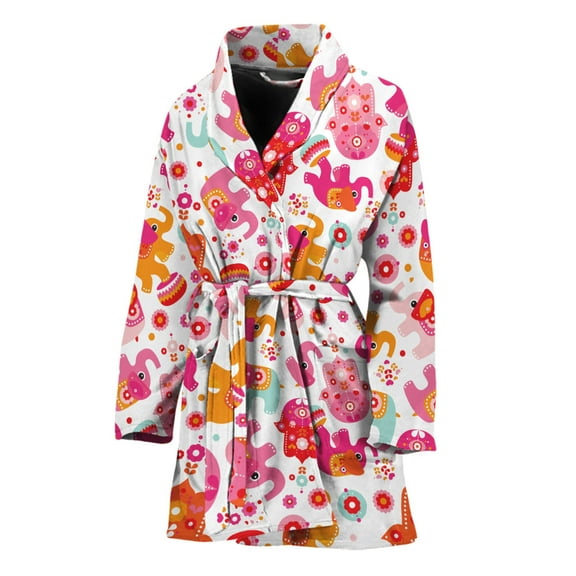 Girly Elephant And Hamsa Pattern Women Bathrobe One Size Univeral Fits, Animal Elephant Fashion Lightweight Plush Fleece Long Robe For Women