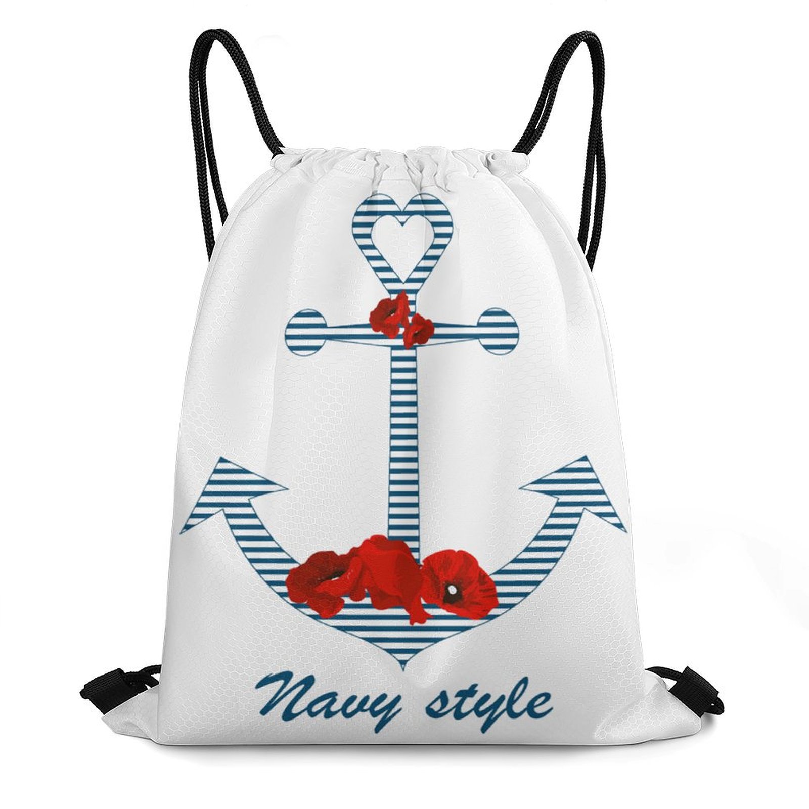 Girly Flower Anchor Graphic Design Navy Drawstring Bags Initial