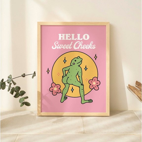 Girly Frog Self Care Positivity Hello Sweet Cheeks Pink Bathroom Decor Unframed Paper Print