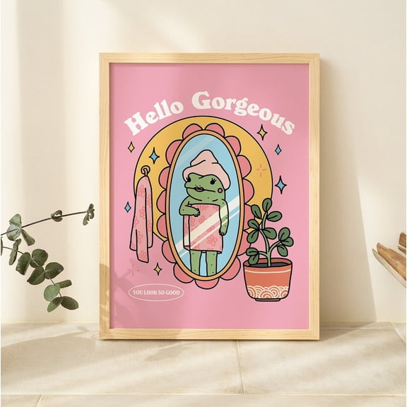 Girly Frog Self Love Positivity Hello Gorgeous Pink Retro Bathroom Decor, Unframed Paper Print Size 8x12