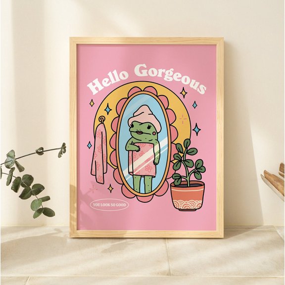 Girly Frog Self Love Wall Print, Positivity Hello Gorgeous Quote, Pink Retro Posters, Bathroom Y2K Poster Prints, Dorm Room Decor UNFRAMED