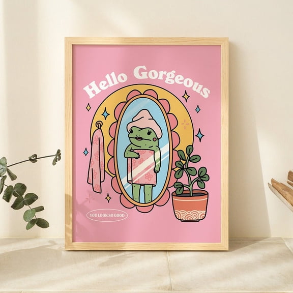 Girly Frog Self Love Wall Print Positivity Hello Gorgeous Quote Pink Retro Posters Bathroom Y2K Poster Prints Dorm Room Decor