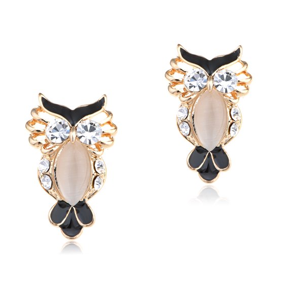 Girly Golden Tone Enamel Rhinestone Crystal Owl Bird Cocktail Prom Novelty Stud Earrings