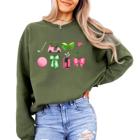 Girly Golf Graphics Sweatshirt for Women Preppy Golfing Sweater Army Green Sweatshirt Adult X-Large