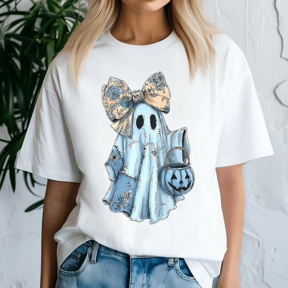Girly Halloween Blue Denim Ghost Preppy Ghost Bow Shirt, Halloween Shirt, Spooky Season Tee, Happy Halloween, Ghost Pumpkin Tshirt, Funny Holiday Gift,Horror Witchy ,Trick Or Treat