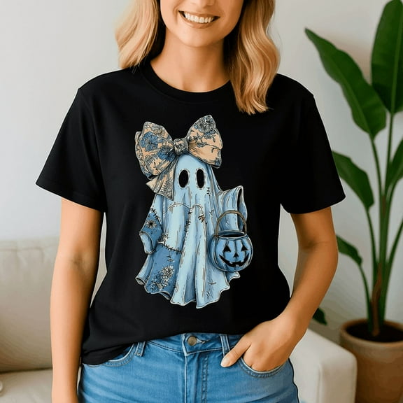 Girly Halloween Blue Denim Ghost Preppy Ghost Bow Shirt, Halloween Shirt, Spooky Season Tee, Happy Halloween, Ghost Pumpkin Tshirt, Funny Holiday Gift,Horror Witchy ,Trick Or Treat