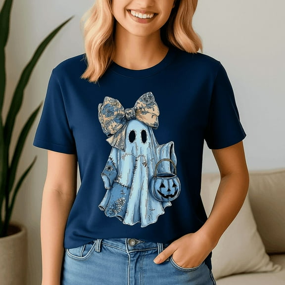 Girly Halloween Blue Denim Ghost Preppy Ghost Bow Shirt, Halloween Shirt, Spooky Season Tee, Happy Halloween, Ghost Pumpkin Tshirt, Funny Holiday Gift,Horror Witchy ,Trick Or Treat