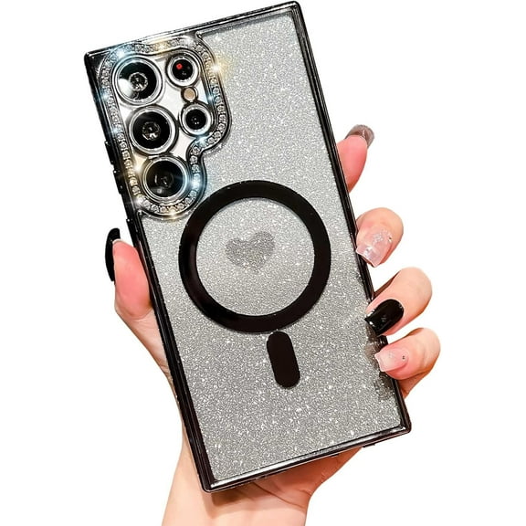 Girly Loving Heart Magnetic Designed for Samsung Galaxy S22 Ultra Diamond Case[Compatible with MagSafe] Bling Glitter Rhinestones Soft TPU case(Black,S22 Ultra)