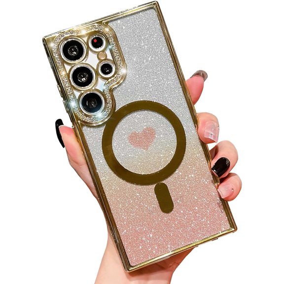 Girly Loving Heart Magnetic Designed for Samsung Galaxy S22 Ultra Diamond Case[Compatible with MagSafe] Bling Glitter Rhinestones Soft TPU case(Gold,S22 Ultra)