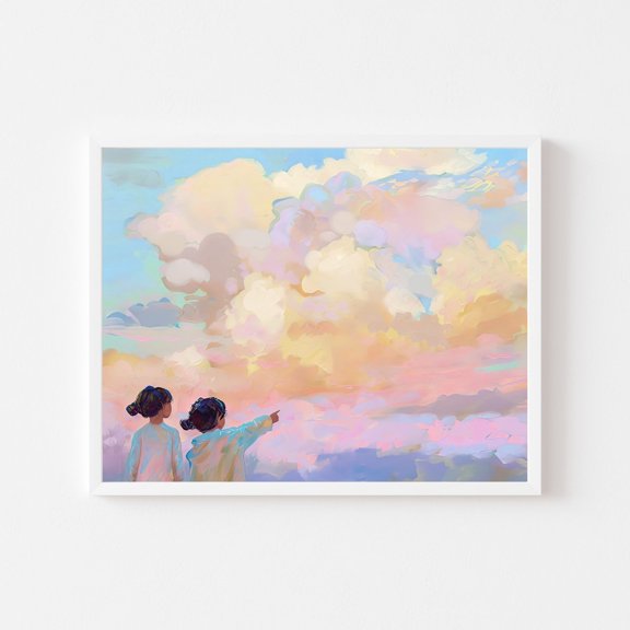 Girly Pastel Sky Two Sisters Cloud Art Print, Stretched Canvas Size 16x24