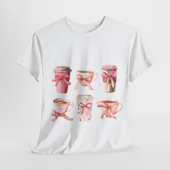 Girly Pink Latte Coffee Coquette Bows Trendy Women Shirt for Coffee Lovers