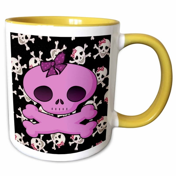 3drose, Girly Pink Skull with Bow on Skull Background, 15oz Two-tone Yellow Mug