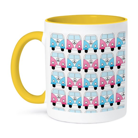3dRose, Girly Pink and Blue Peace Sign Vans, 11oz Two-Tone Yellow Mug