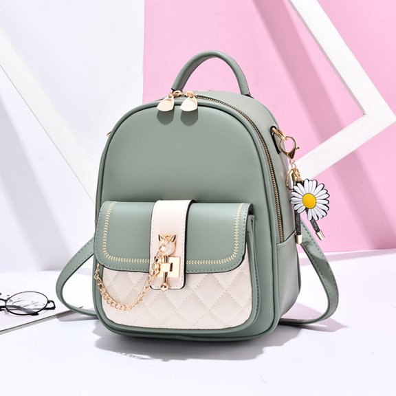 Girly Pink and White Backpack with Diamond Lock Design and Daisy Pendant Versatile Backpack