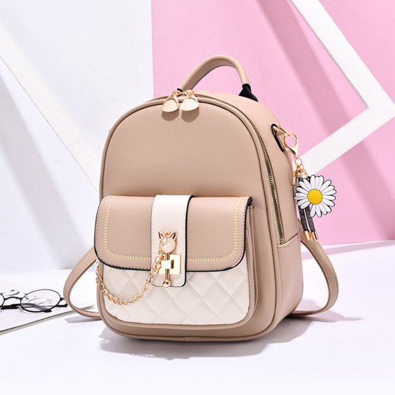 Girly Pink and White Backpack with Diamond Lock Design and Daisy Pendant Versatile Backpack