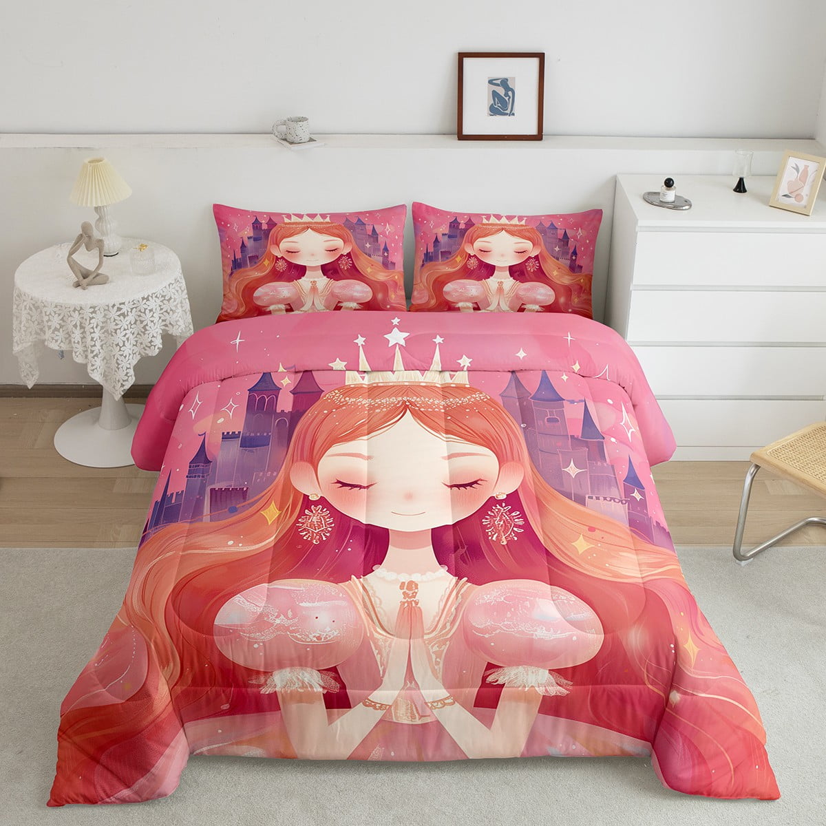 Girly Princess Twin Comforter Set,Little Girl Castle Bedding Set for ...
