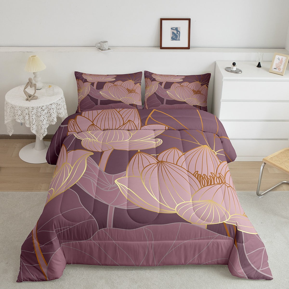 Girly Purple Comforter Set Full Women Abstract Lotus Bedding Set ...