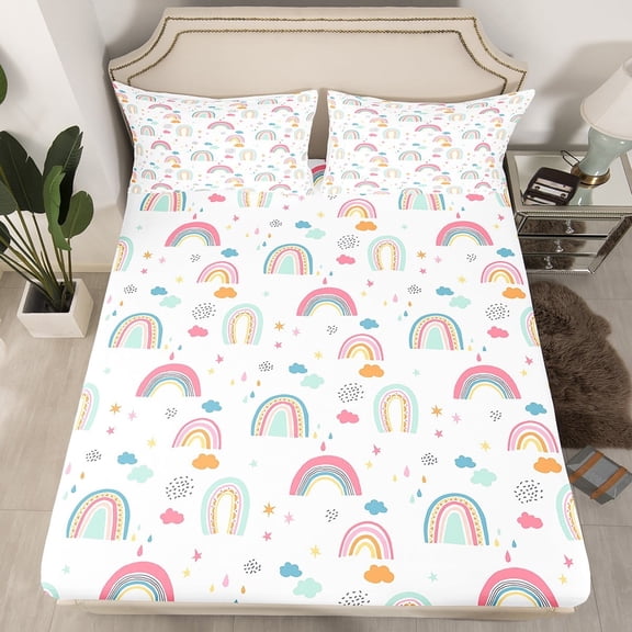 Girly Rainbow Bed Sheets Cartoon Rainbow Fitted Sheet, Queen Size Iridescent Stripes Stars Clouds Print Bed Set Room Decor Lovely Rainbow Sheets with 2 Pillowcases