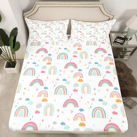Girly Rainbow Bed Sheets Cartoon Rainbow Fitted Sheet, Twin Size Iridescent Stripes Stars Clouds Print Bed Set Room Decor Lovely Rainbow Sheets with 1 Pillowcase