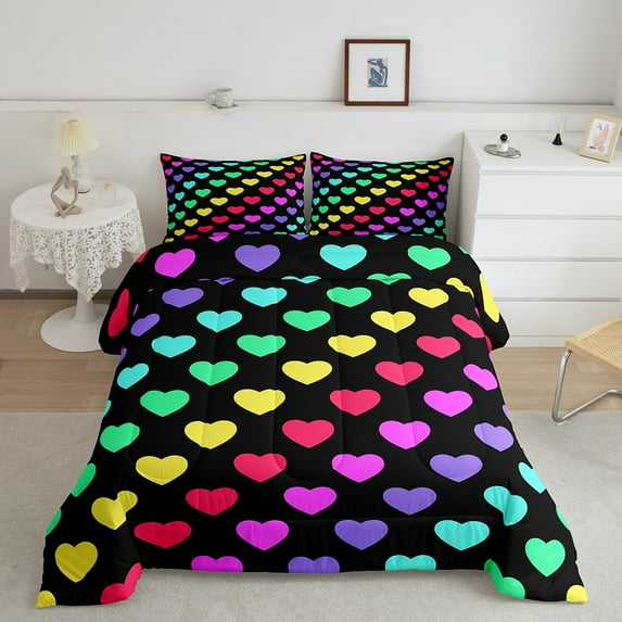 Girly Rainbow Bedding Full Women Kawaii Heart Print Comforter Set, Black Pink Red Down Comforter Colorful Gradient Ombre Bedding Comforter Sets, Teal Blue Green Yellow Duvet Insert 3pcs