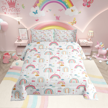 Girly Rainbow Comforter Set Cartoon Rainbow Bed Comforter Set, Twin Size Iridescent Stripes Stars Clouds Print Bedding Set Room Decor Lovely Rainbow Duvet Insert with 1 Pillowcase