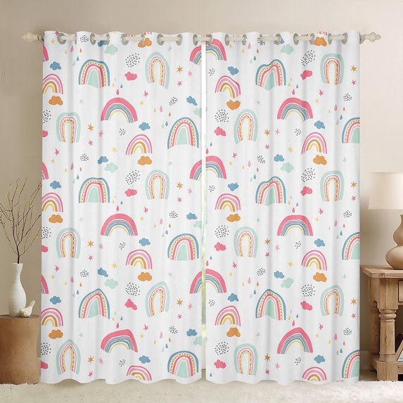 Girly Rainbow Curtains Cartoon Rainbow 30%-50% Blackout Curtains for Bedroom, Iridescent Stripes Stars Clouds Print Curtains & Drapes Room Decor Lovely Rainbow Window Curtains 38Wx45L