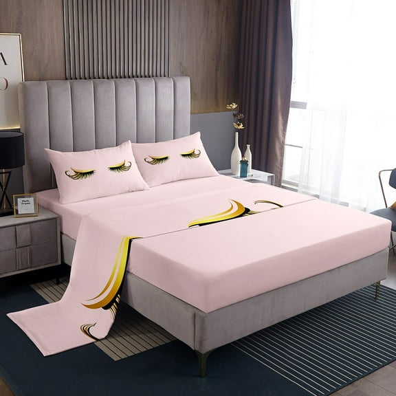 Girly Sheet Set Pink Gorgeous Eyelash Sheets Elegant Curly Eyelashes Bed Sheets Set Teens Adults, Pretty Soft Microfiber Fitted Sheet + Flat Sheet + 2 Pillowcases, Full