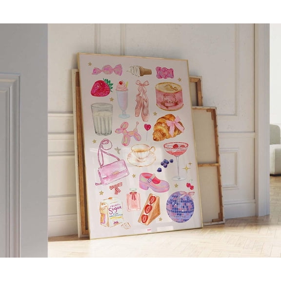 Girly Things Flirty Collage Print, Cute Feminine Pink Wall Art, Preppy Funky Poster, Trendy Apartment Decor, Bar Cart Art Home Decor #690, Unframed Poster Size 8x12