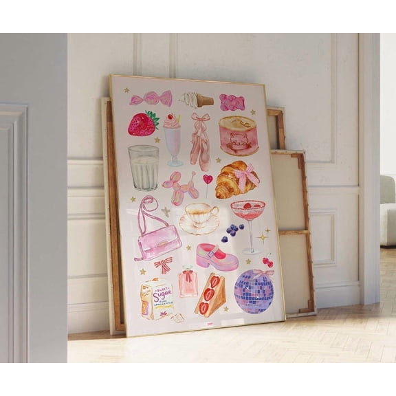 Girly Things Flirty Collage Print, Cute Feminine Pink Wall Art, Preppy Funky Poster, Trendy Apartment Decor, Bar Cart Art Home Decor UNFRAMED Poster, Wall Art for Decor, Present, 24x36