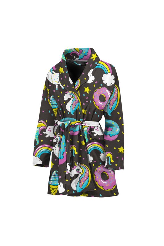 Girly Unicorn Donut Pattern Women Bathrobe One Size Univeral Fits Fashion Lightweight Plush Fleece Long Robe For Women