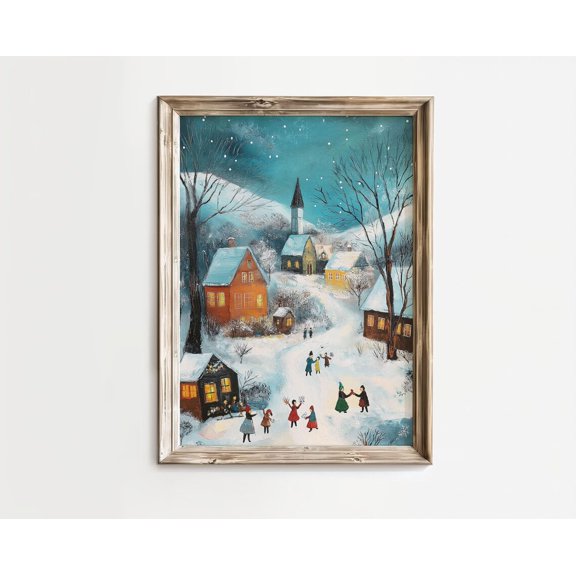 Girly Village Snow Poster | Cutefor Winter Decor | Festive Pink Pastel Colourful Tree Wall Art, Unframed Poster Size 8x12