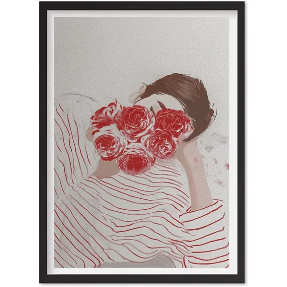 Girly Wall Art, Woman With Flowers Print, Minimalist Red And Pink Illustration, Matte Canvas Stretched, Posters for Room Bedroom Living Room Bathroom Wall Decor, Posters & Art Prints, Gift.