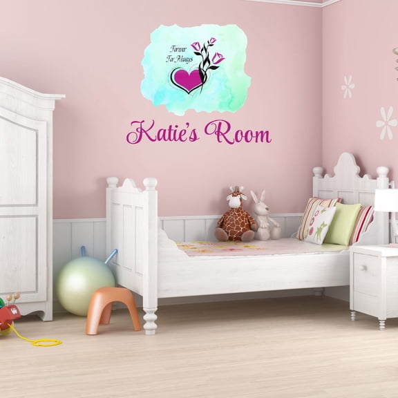 Girly Watercolor Custom Name Wall Decals for Bedroom - Heart & Roses Blue Background Art Design Inspirational Personalized Bedroom Wall Sticker Water Color Style - Size: 10 In x 8 In