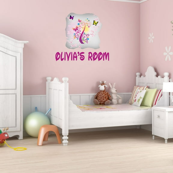 Girly Watercolor Custom Name Wall Decals for Kids Room - Colorful Butterflies Floral Art Décor Floral Personalized Bedroom Wall Sticker Water Color Style - Size: 10 In x 7 In