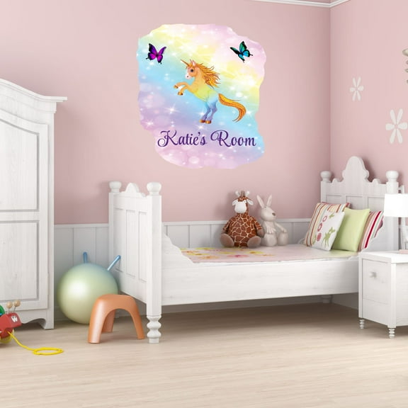 Girly Watercolor Custom Name Wall Decals for Kids Room - Rainbow Unicorn Horse Fantasy Animal Art Legendary Creature Personalized Bedroom Wall Sticker Water Color Style - Size: 9 In x 10 In