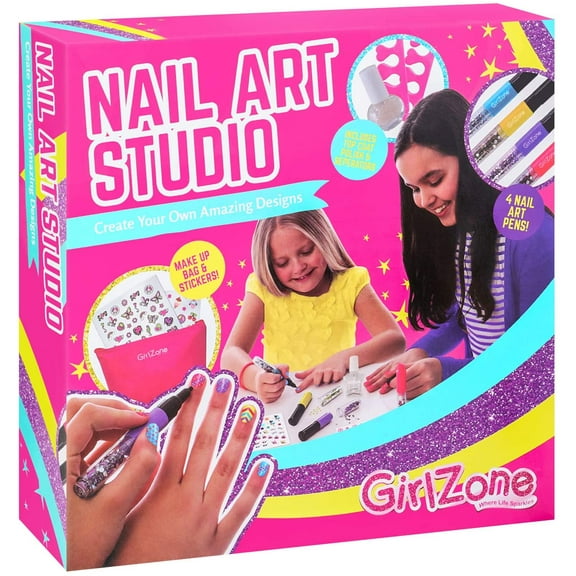 Girlzone Nail Art Studio Set, Nail Art Stickers, 3 Nail Salon Pens And Makeup Bag, Great Birthday Gift For Girls
