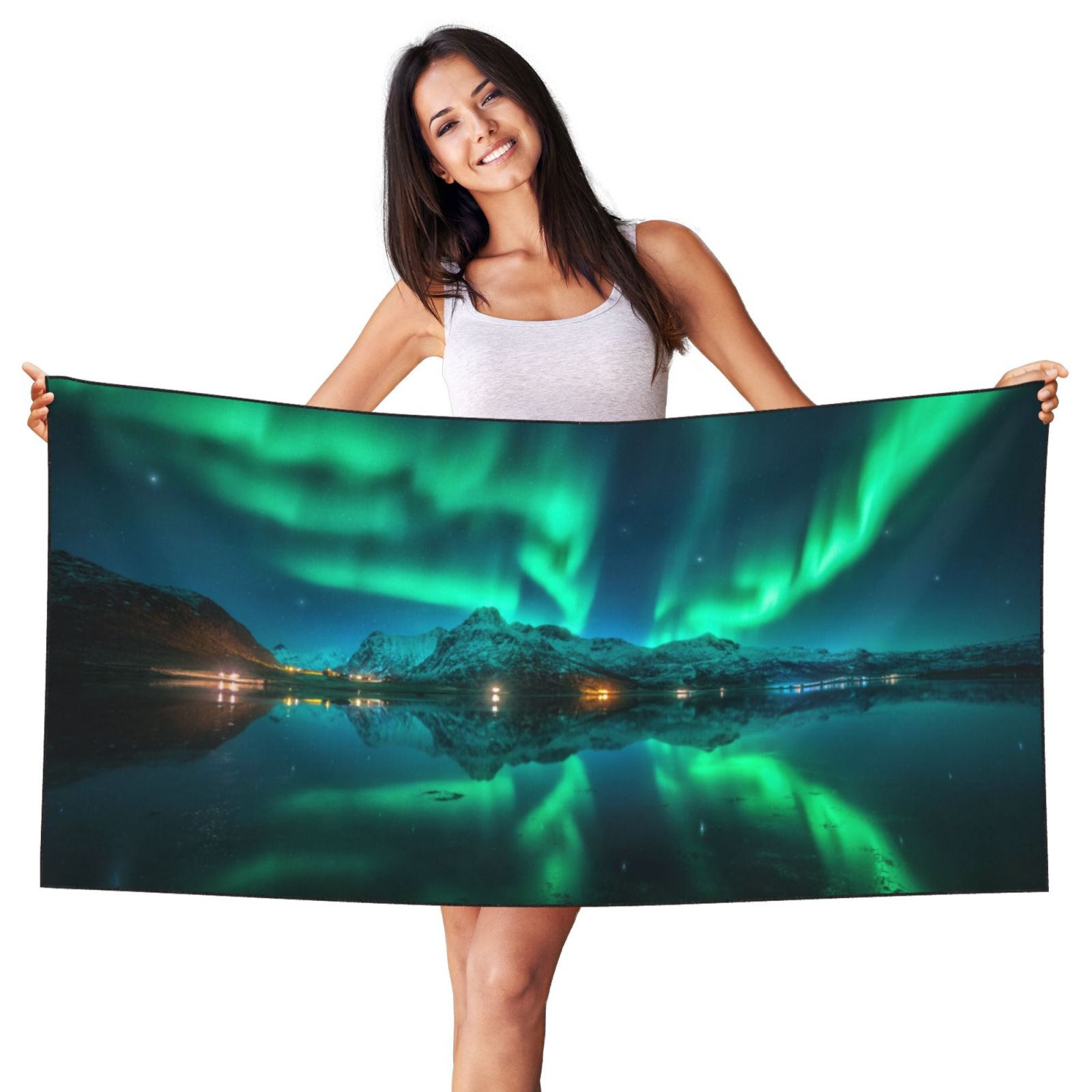 Giroia Northern Lights Print Silver Fox Plush Beach Towel Perfect 