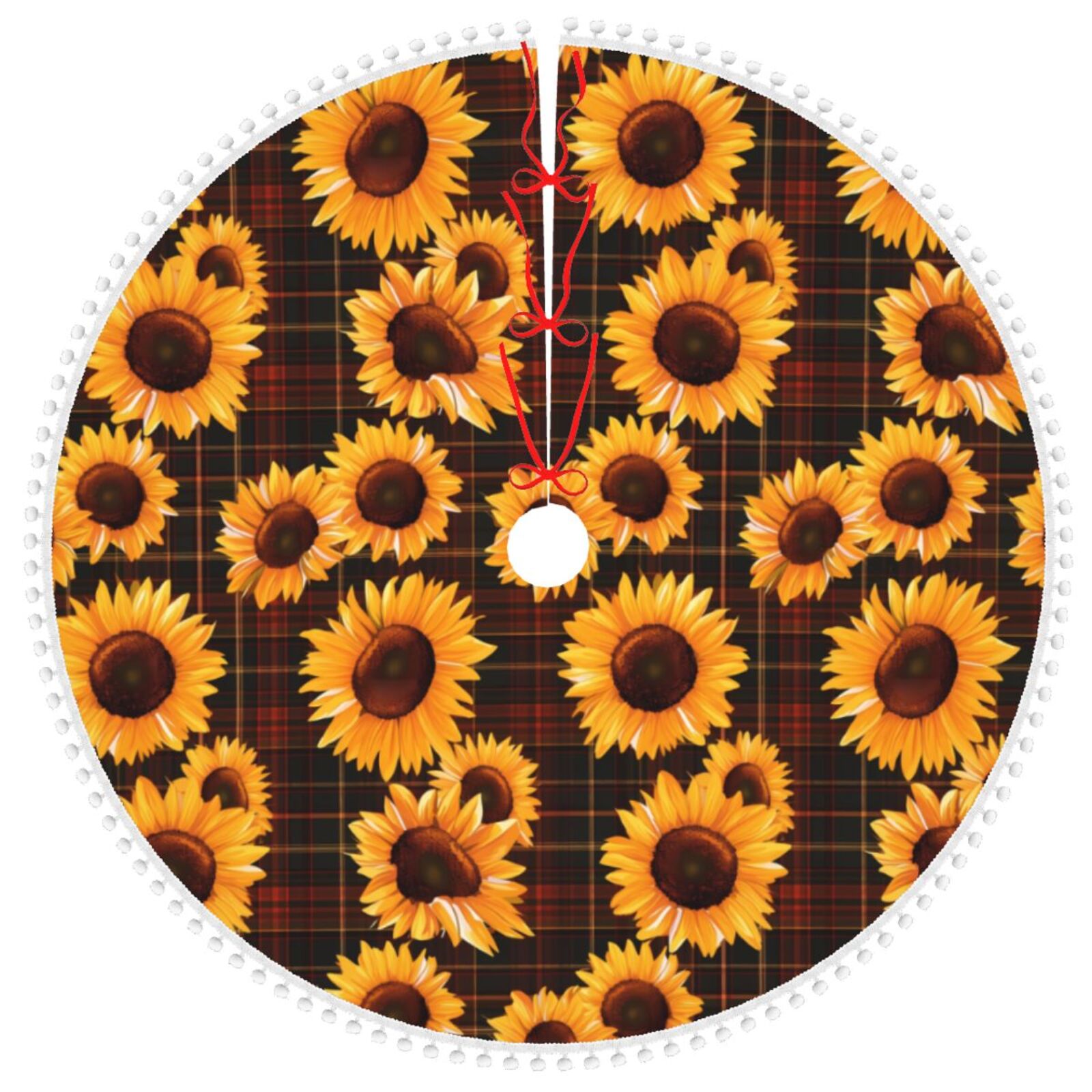 Giroia Red Black Plaid Sunflower for Christmas Tree Skirt Pom Pom Trim